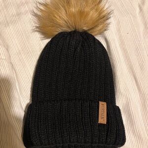 Zara Black Knit Hat with Tan Pom-Pom